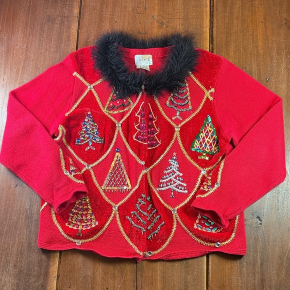Just B Women's Christmas Sweater Size Large Cardigan 90's Red Green Sequins - Picture 1 of 10